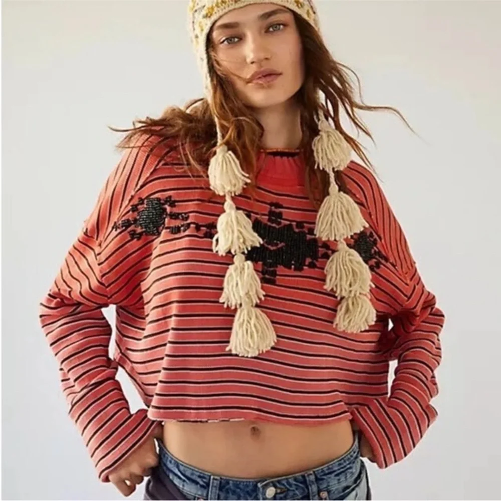 Free People We The Free Avalanche Thermal beaded Crop Top Striped Ribbed shirt